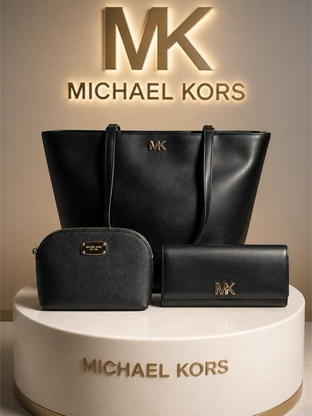 Michael Kors Black Leather 3-PC Matching Jet Set Travel Tote with Gold MK Accent